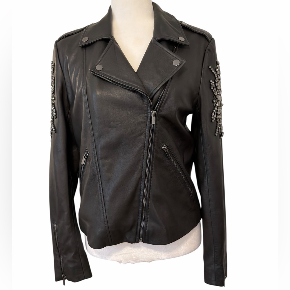 RARE Neiman Marcus Black Leather Jacket Crystal Silver Embellishments Moto - Picture 2 of 11